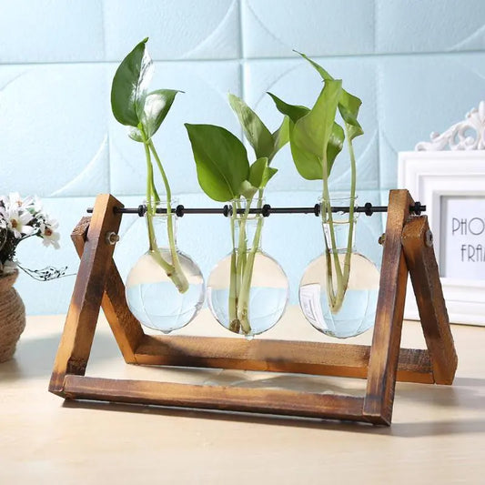 Pflanzgefäß aus Glas und Holz, Tischplatte