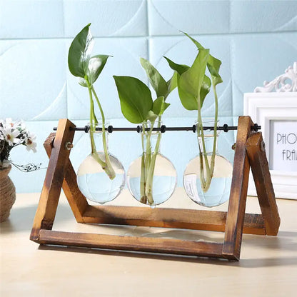 Pflanzgefäß aus Glas und Holz, Tischplatte